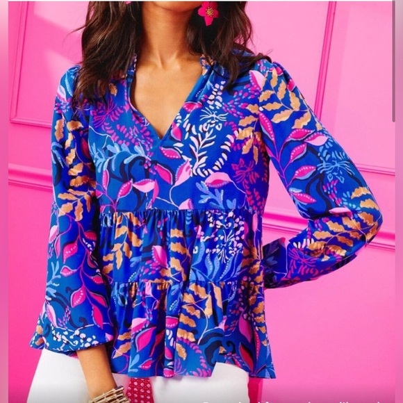 Lilly Pulitzer $198 Sarita Silk Top, Borealis Blue Absolute Purrfection Sz 0 - Picture 2 of 8